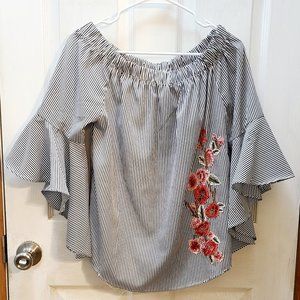 Ladies Boutique Pin Stripe Floral Off The Shoulder Blouse Top Size Large
